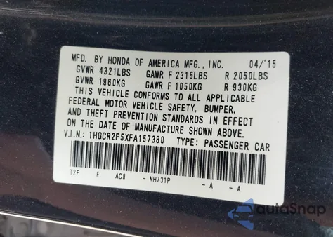 2015 Honda Accord Sport z USA, uszkodzony, nr VIN 1HGCR2F5XFA157380